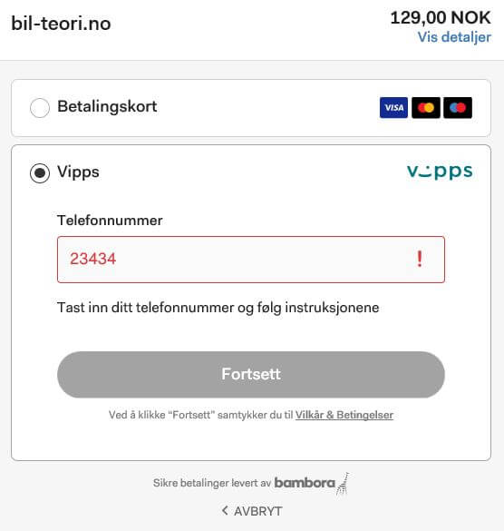 betal med Vipps på bil-teori