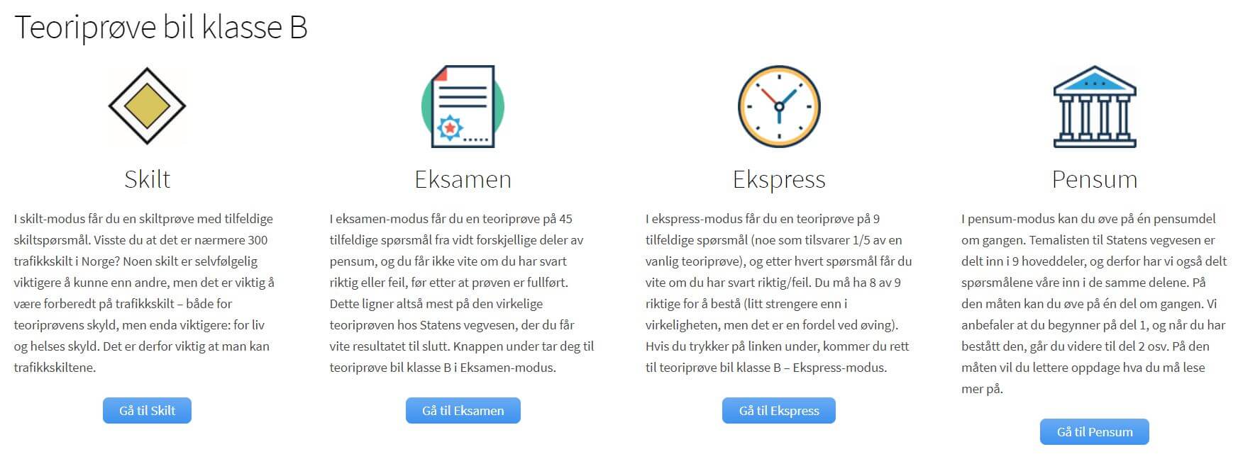 oversikt over de 4 øvingsmodusene for teoriprøven